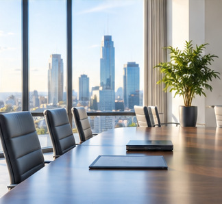 Modern boardroom with city skyline